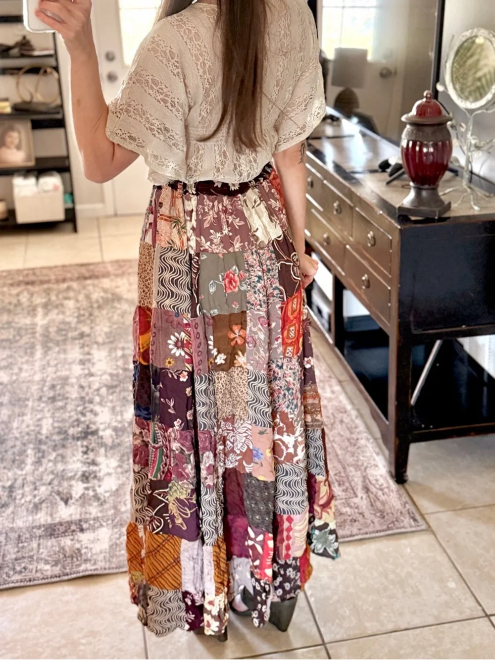 Vintage Patchwork Maxi Skirt Boho Festival Cottagecore Free Size Drawstring‎